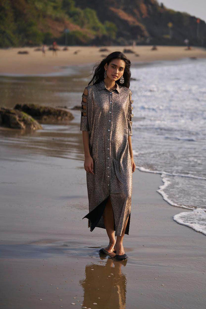 SHIMMERING CUTOUT SLEEVE SHIRT DRESS - dash and dot dash and dot