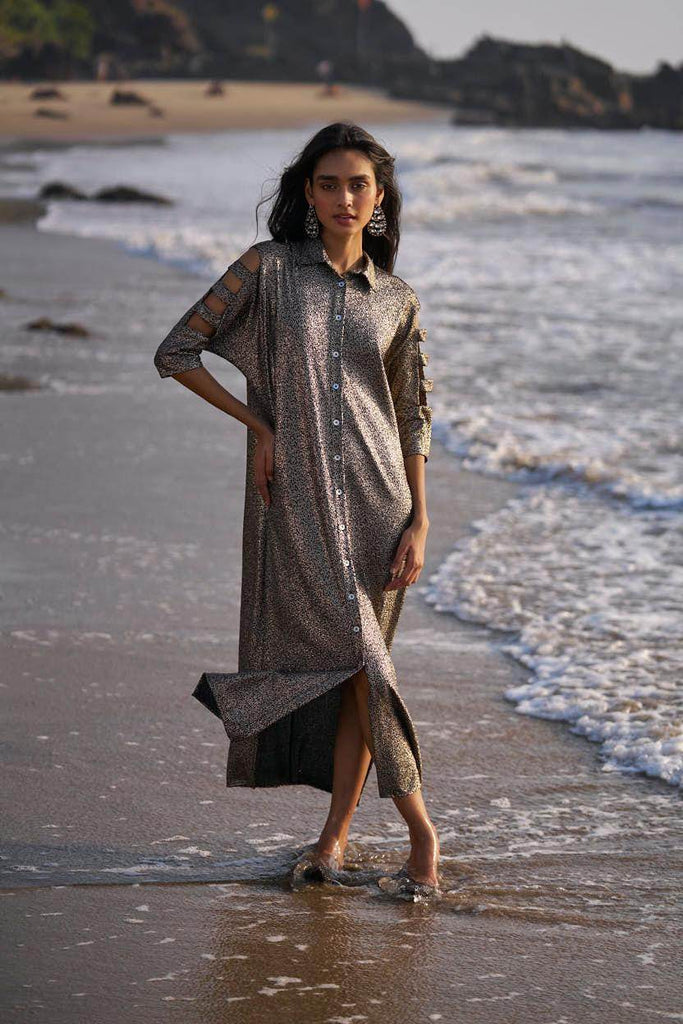 SHIMMERING CUTOUT SLEEVE SHIRT DRESS - dash and dot dash and dot