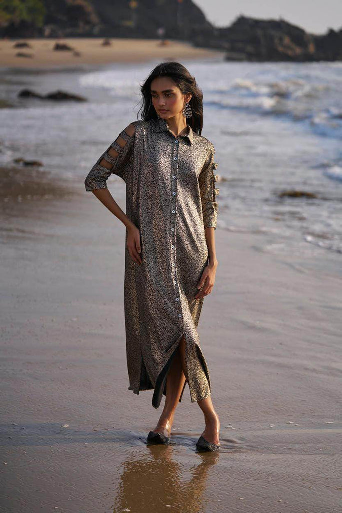 SHIMMERING CUTOUT SLEEVE SHIRT DRESS - dash and dot dash and dot