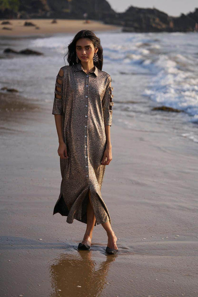 SHIMMERING CUTOUT SLEEVE SHIRT DRESS - dash and dot dash and dot