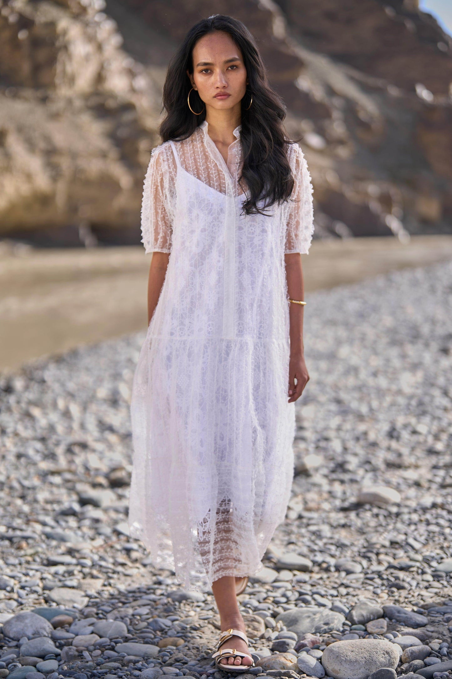 TIERED EMBROIDERED MESH DRESS