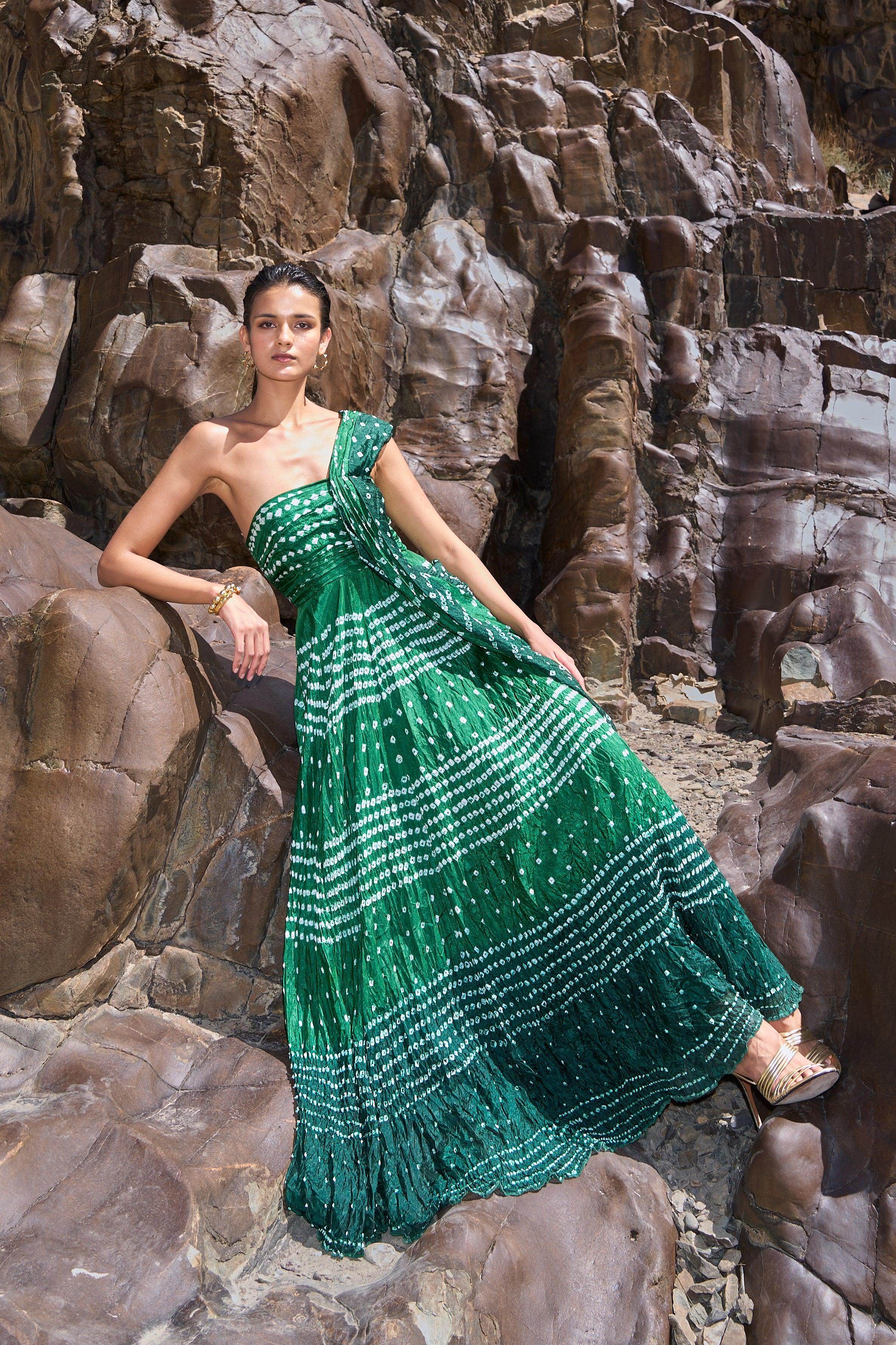 green bandhani dress BANDHANI DRAPED SARI GOWN – dash and dot