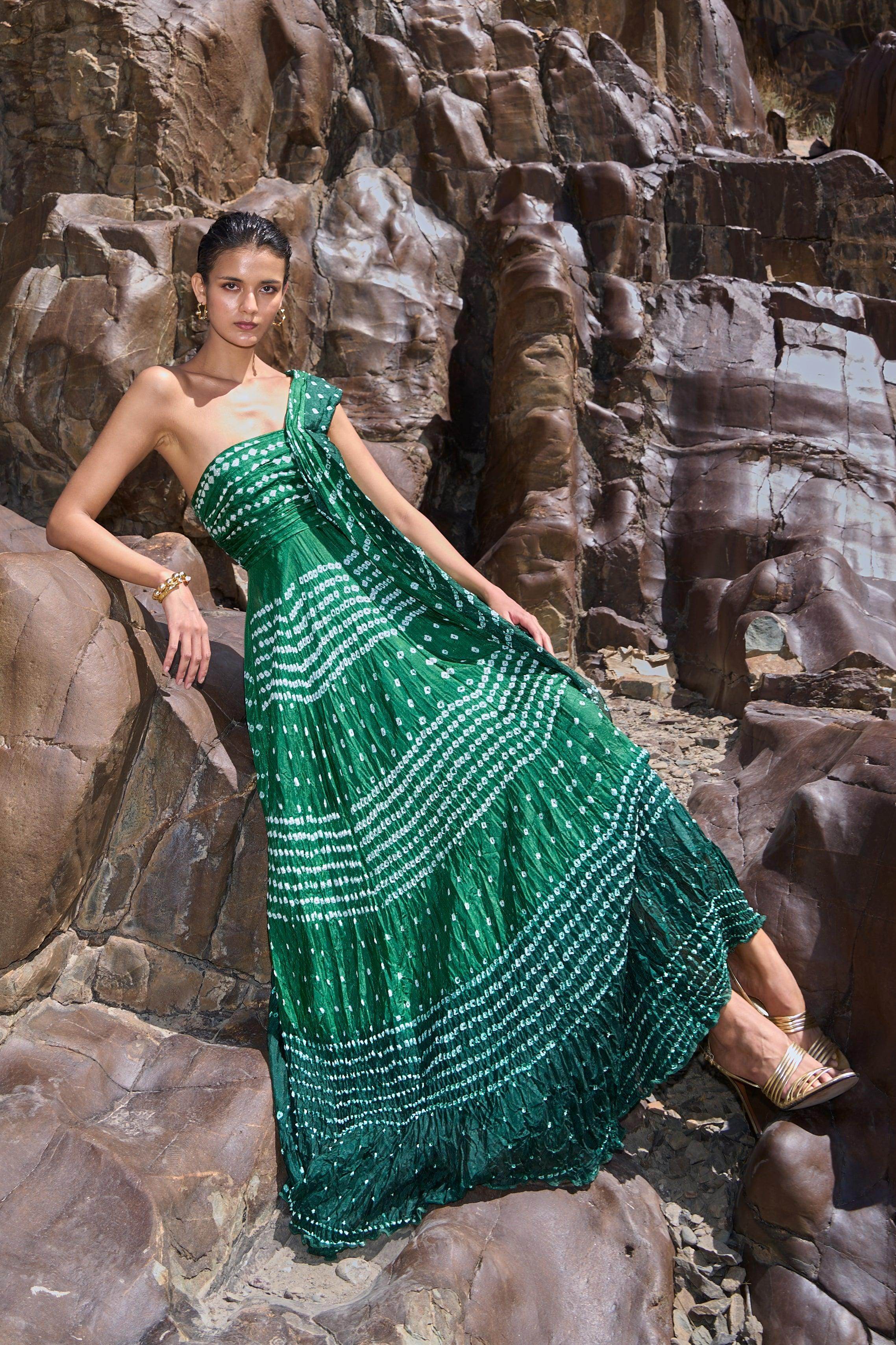 chinese dress ladies Dash and Dot - BANDHANI DRAPED SARI GOWN