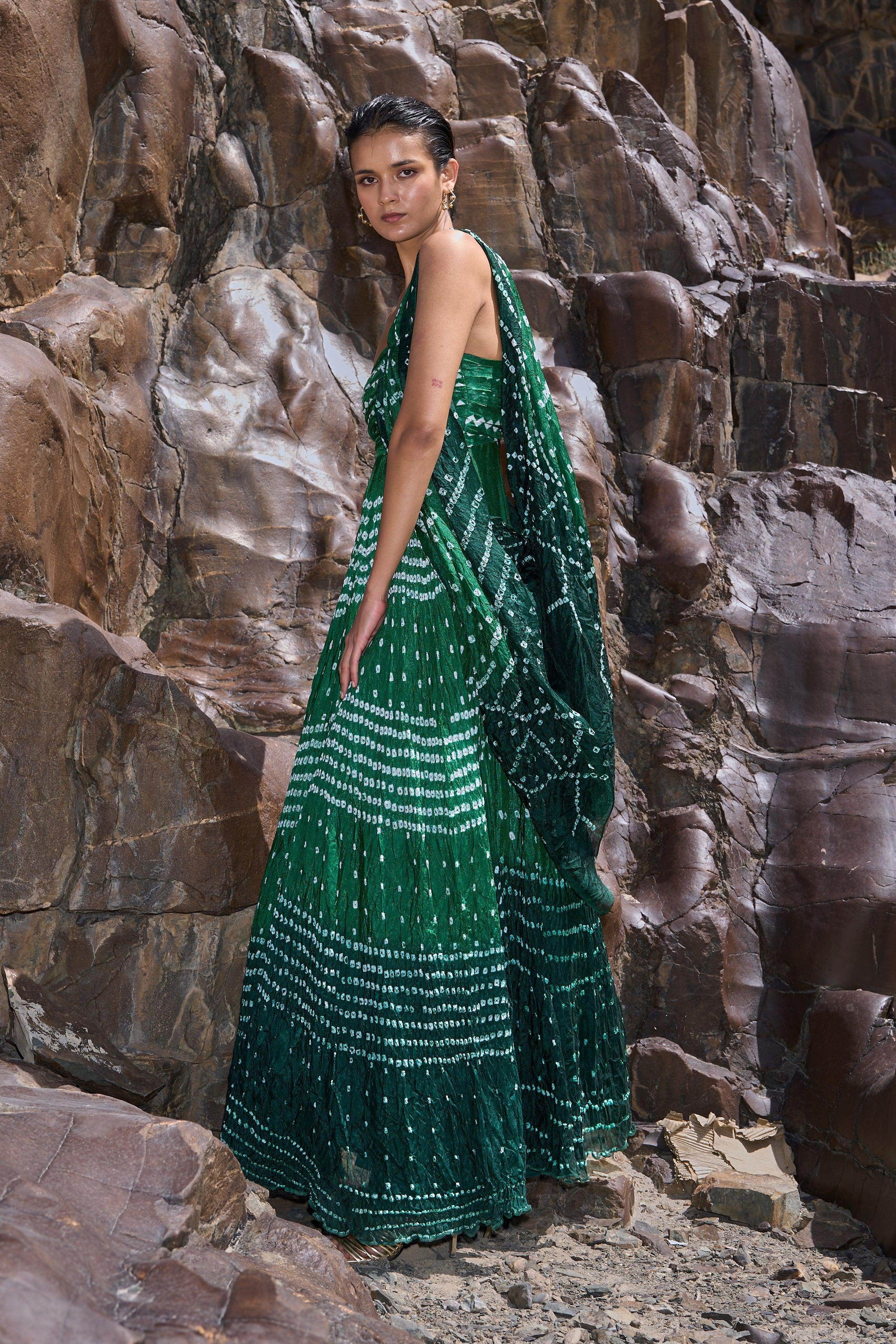 green bandhani dress BANDHANI DRAPED SARI GOWN – dash and dot