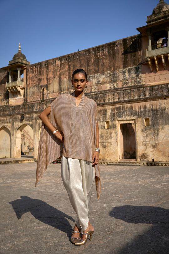 METALLIC LACE TOP & IVORY COWLED PANT - dash and dot