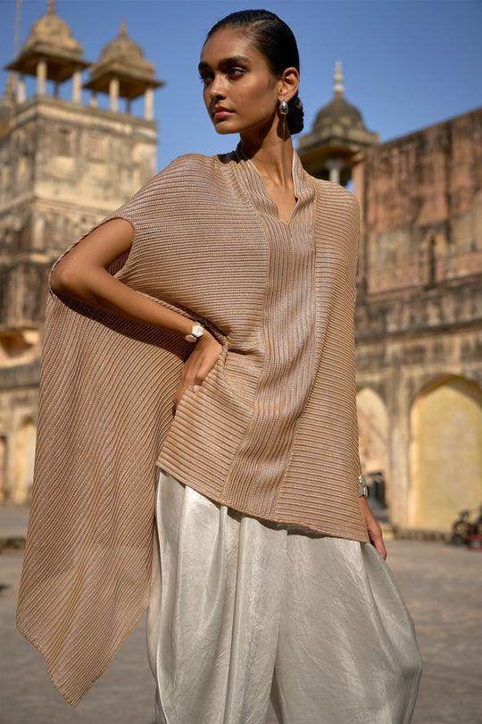 METALLIC LACE TOP & IVORY COWLED PANT - dash and dot