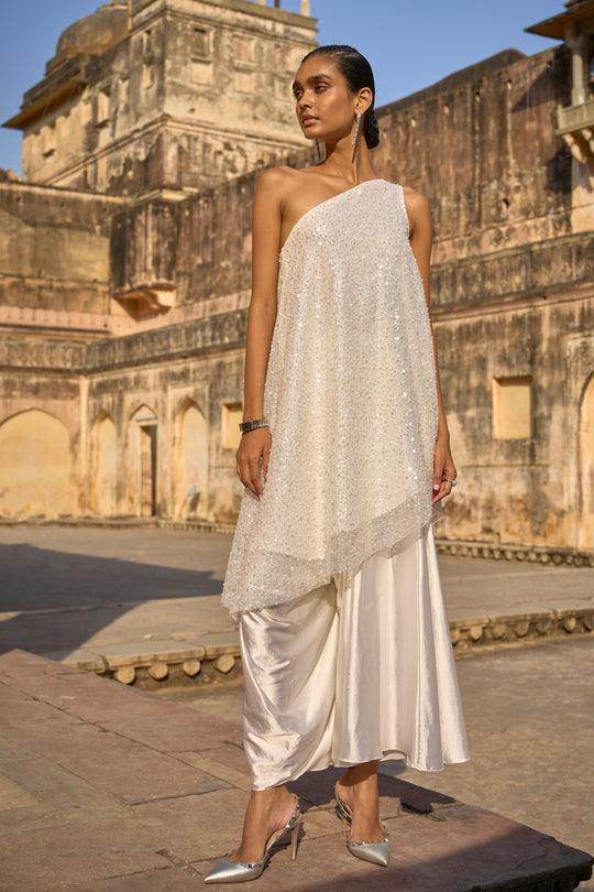 PEARL EMBROIDERED ONE SHOULDER TOP & IVORY CULOTTE - dash and dot