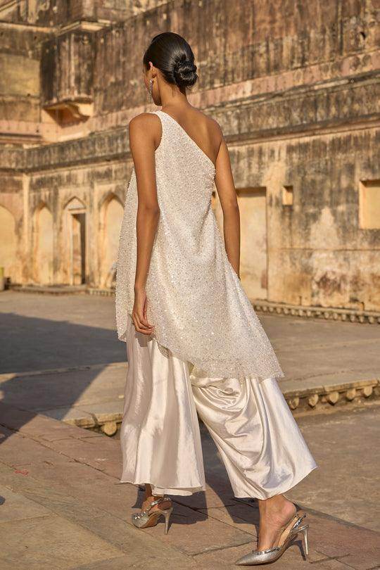 PEARL EMBROIDERED ONE SHOULDER TOP & IVORY CULOTTE - dash and dot