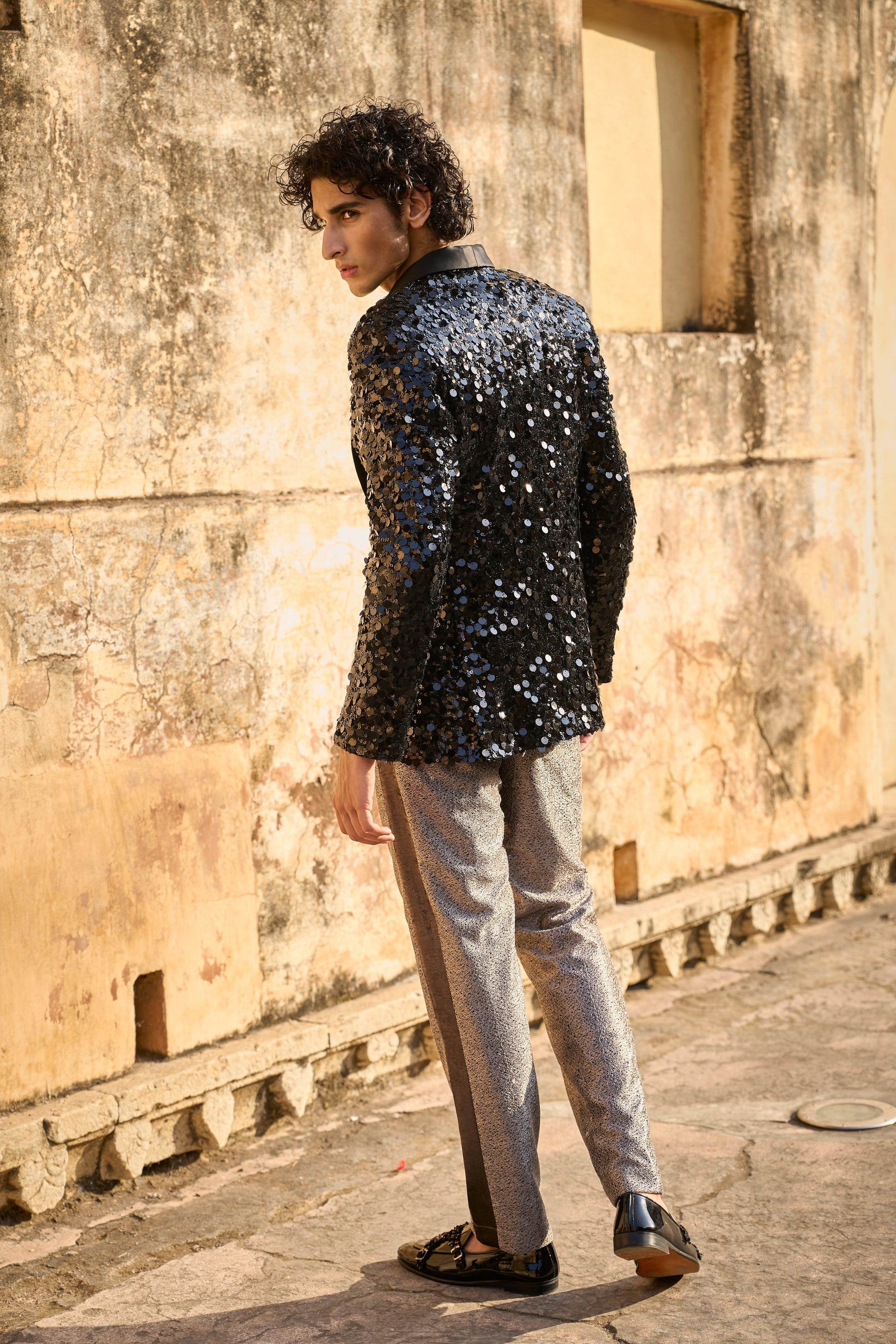 SEQUIN JACKET, METALLIC PANT AND BROOCH SHIRT - dash and dot