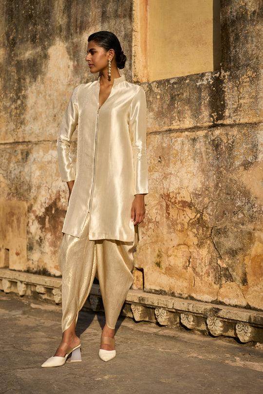 IVORY STRUCTURED LONGLINE TOP & LIGHT GOLD COWLED PANT - dash and dot dash and dot