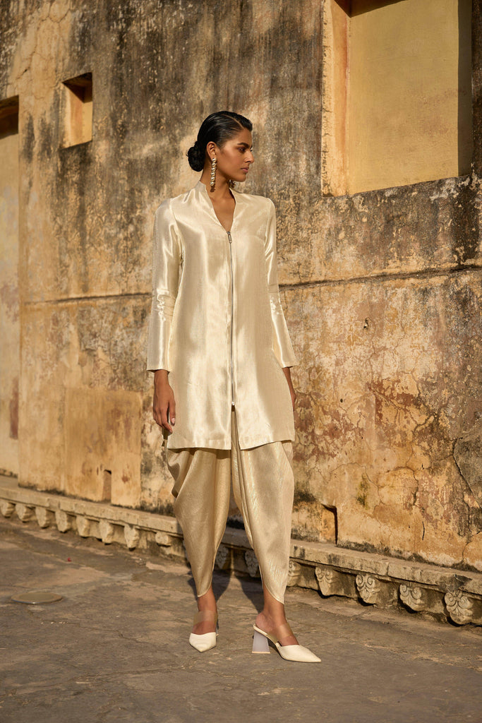 LIGHT GOLD DRAPED DHOTI PANT - dash and dot dash and dot