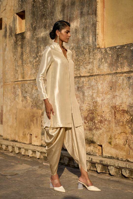 IVORY STRUCTURED LONGLINE TOP & LIGHT GOLD COWLED PANT - dash and dot dash and dot