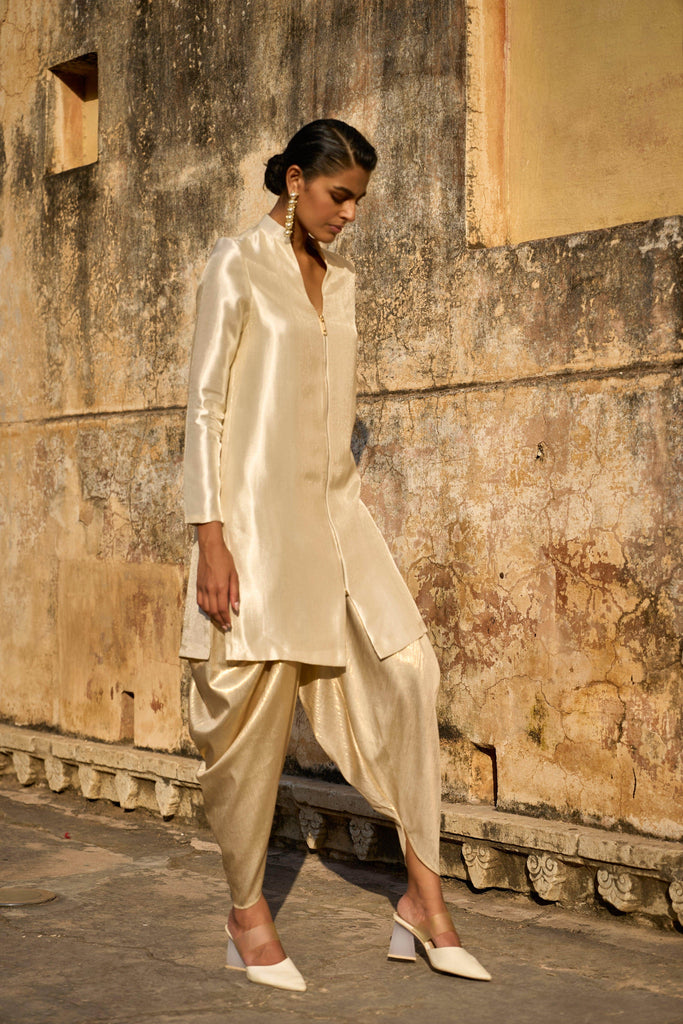 LIGHT GOLD DRAPED DHOTI PANT - dash and dot dash and dot