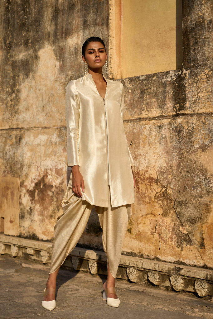 LIGHT GOLD DRAPED DHOTI PANT - dash and dot dash and dot