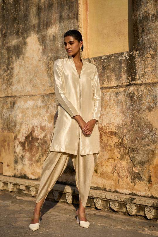 IVORY STRUCTURED LONGLINE TOP & LIGHT GOLD COWLED PANT - dash and dot dash and dot