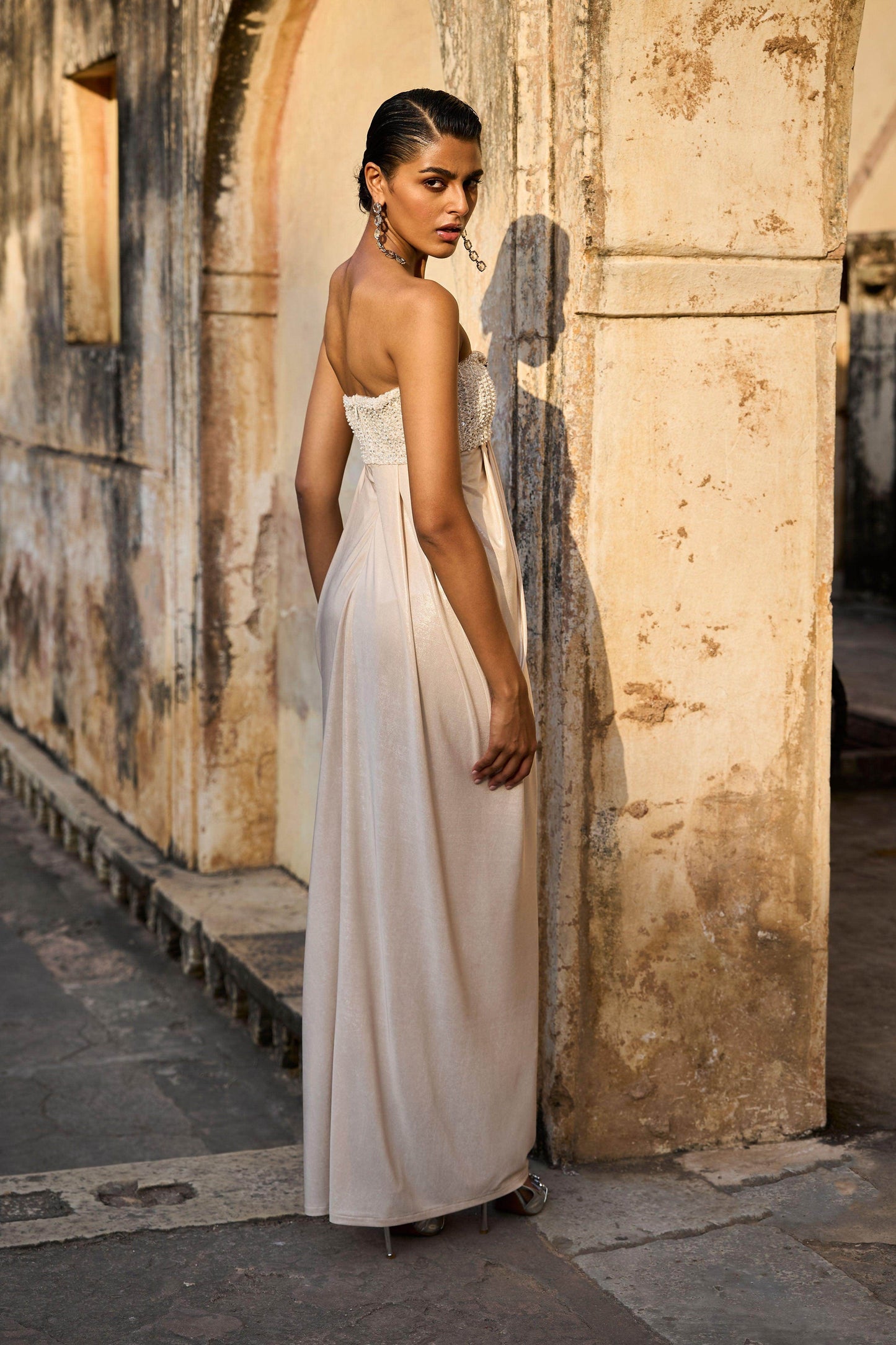 BEADED DRAPED GOWN BEADED DRAPED GOWN