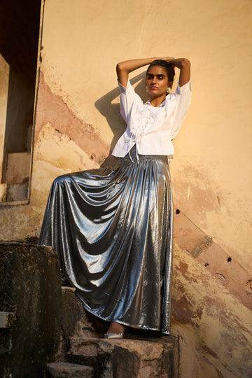 TIE FRONT SHIRT AND FIT & FLARE SILVER SKIRT - dash and dot