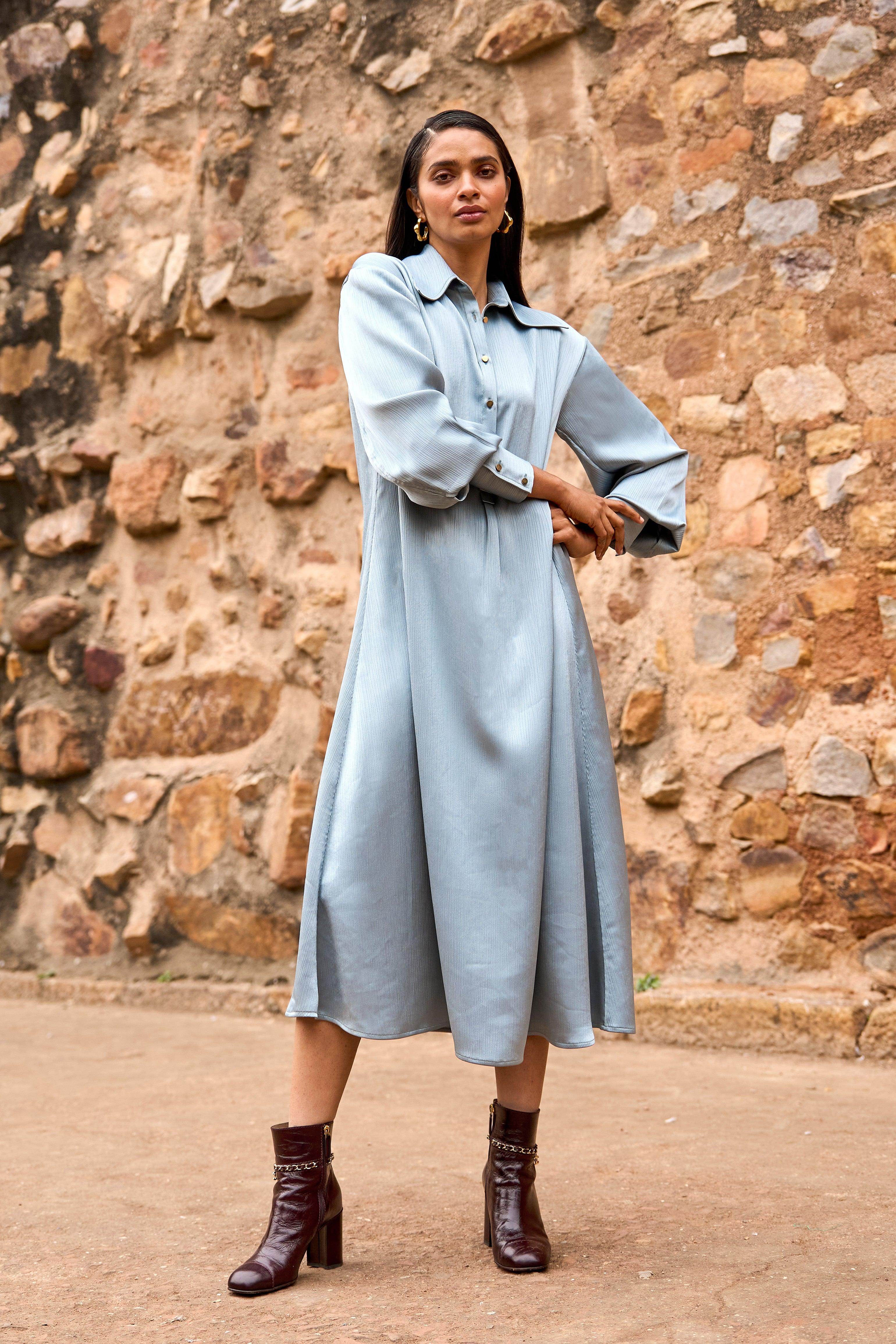 grey satin shirt dress TEXTURED SATIN SHIRT DRESS XS / Petrol