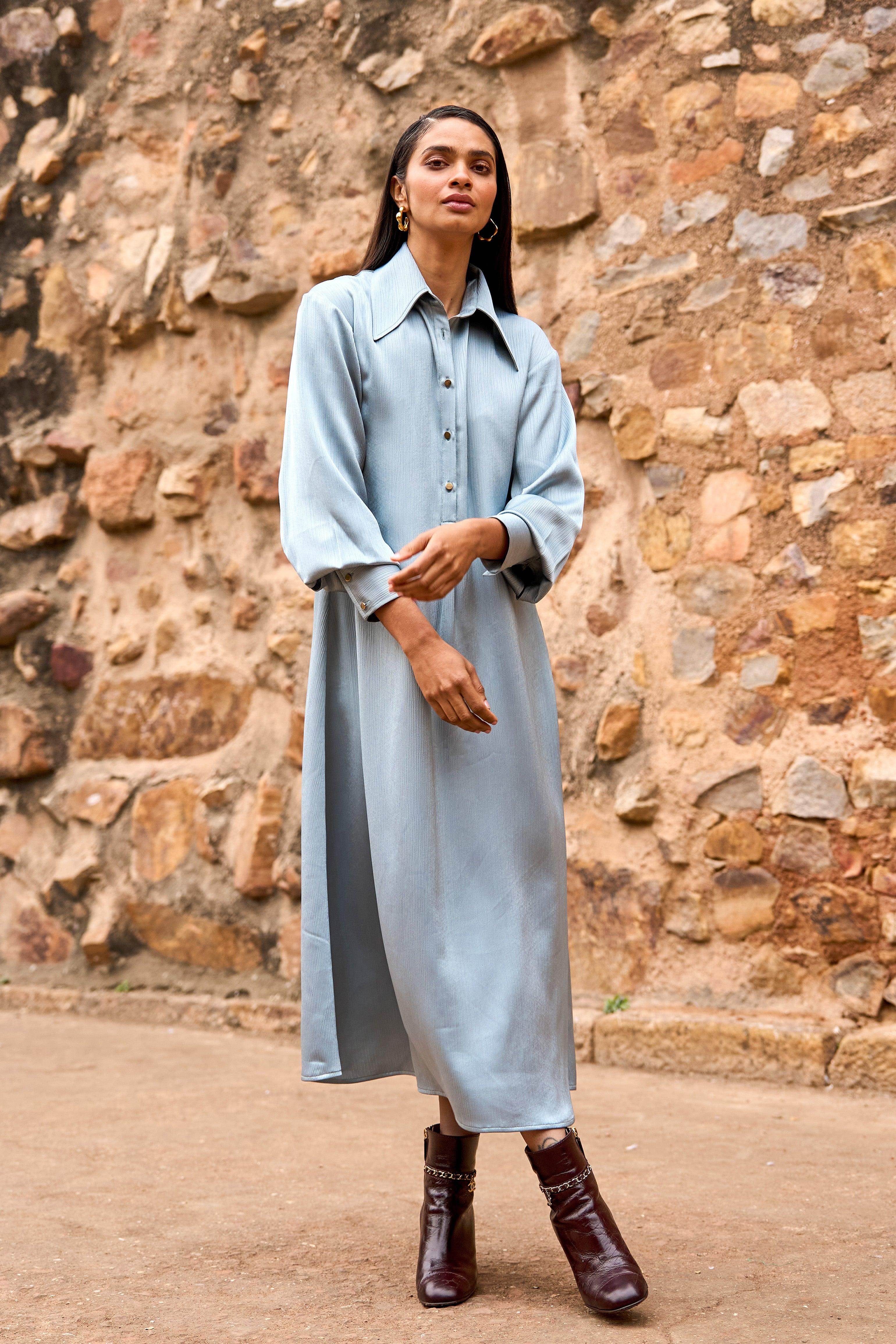 TEXTURED SATIN SHIRT DRESS