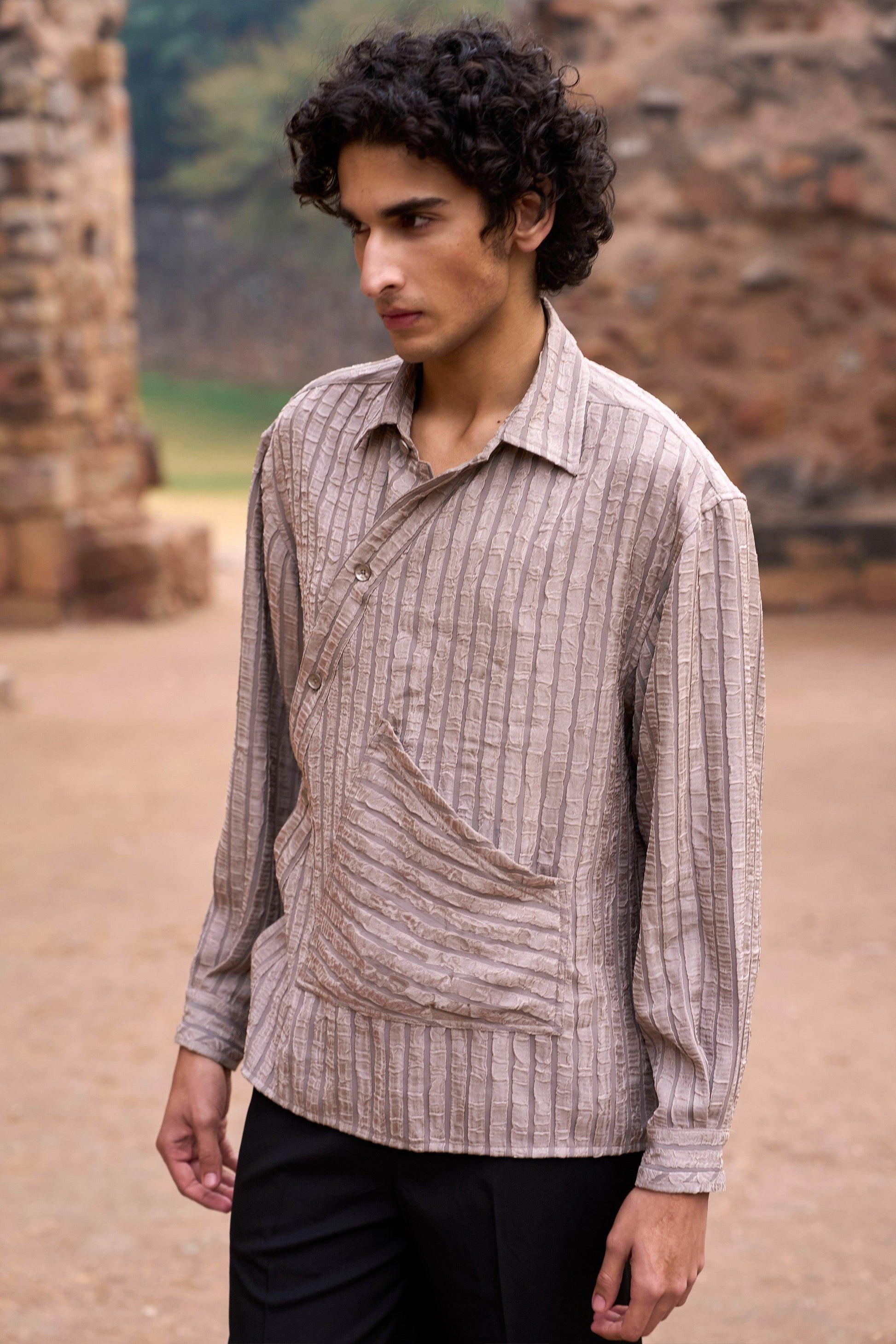 TEXTURED STRIPE SLANT FRONT SHIRT - dash and dot