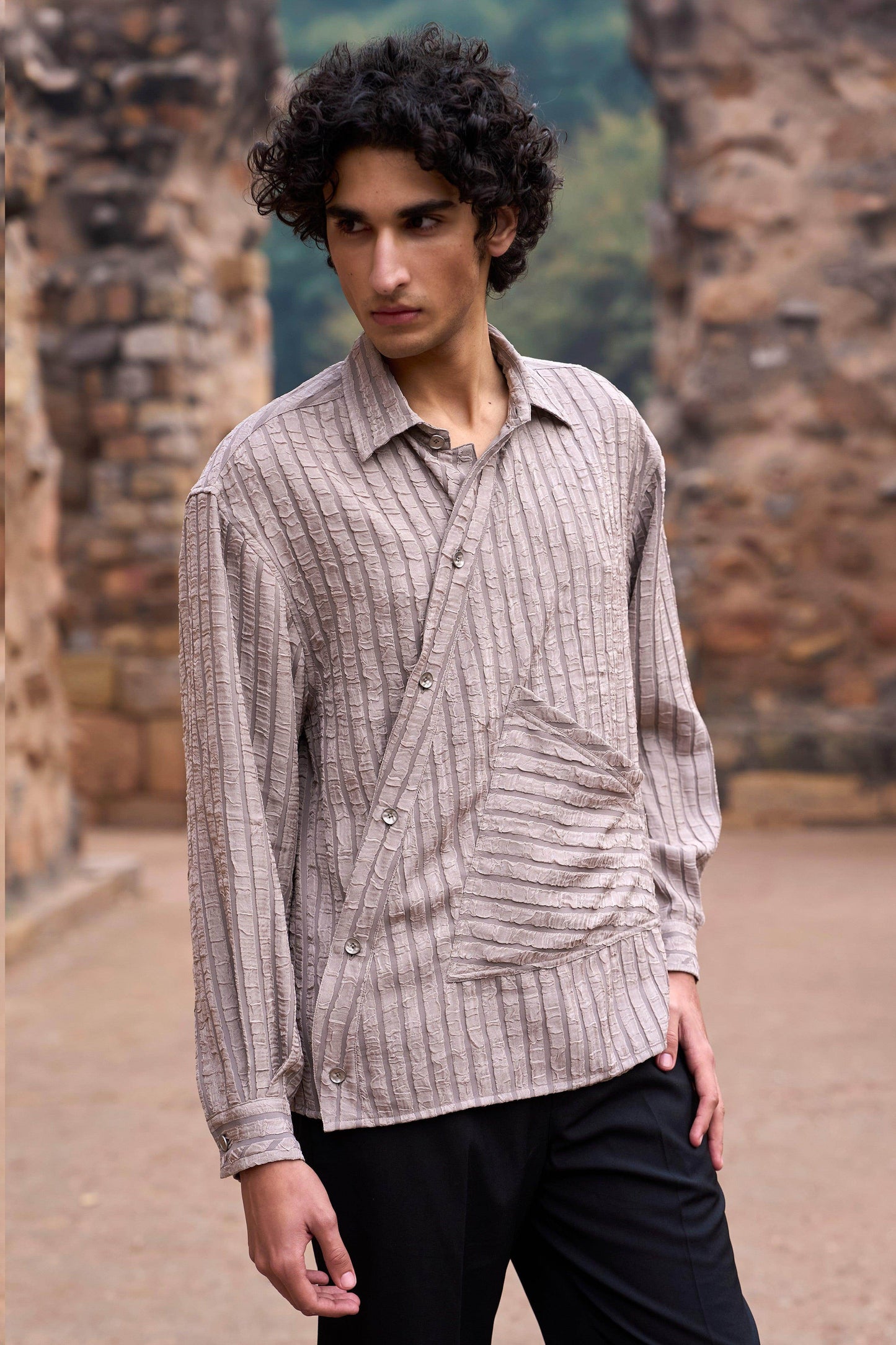 TEXTURED STRIPE SLANT FRONT SHIRT - dash and dot