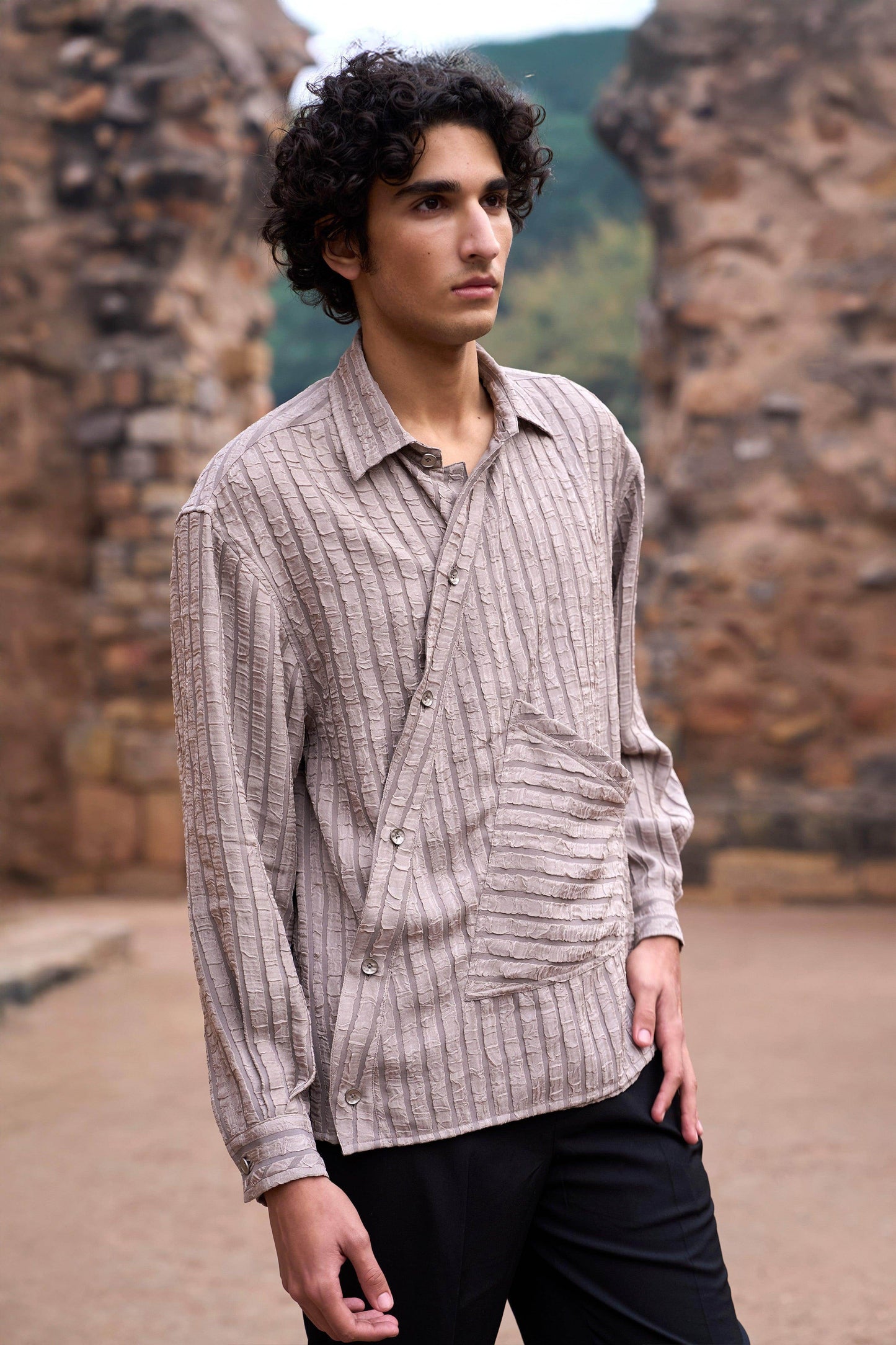 TEXTURED STRIPE SLANT FRONT SHIRT - dash and dot