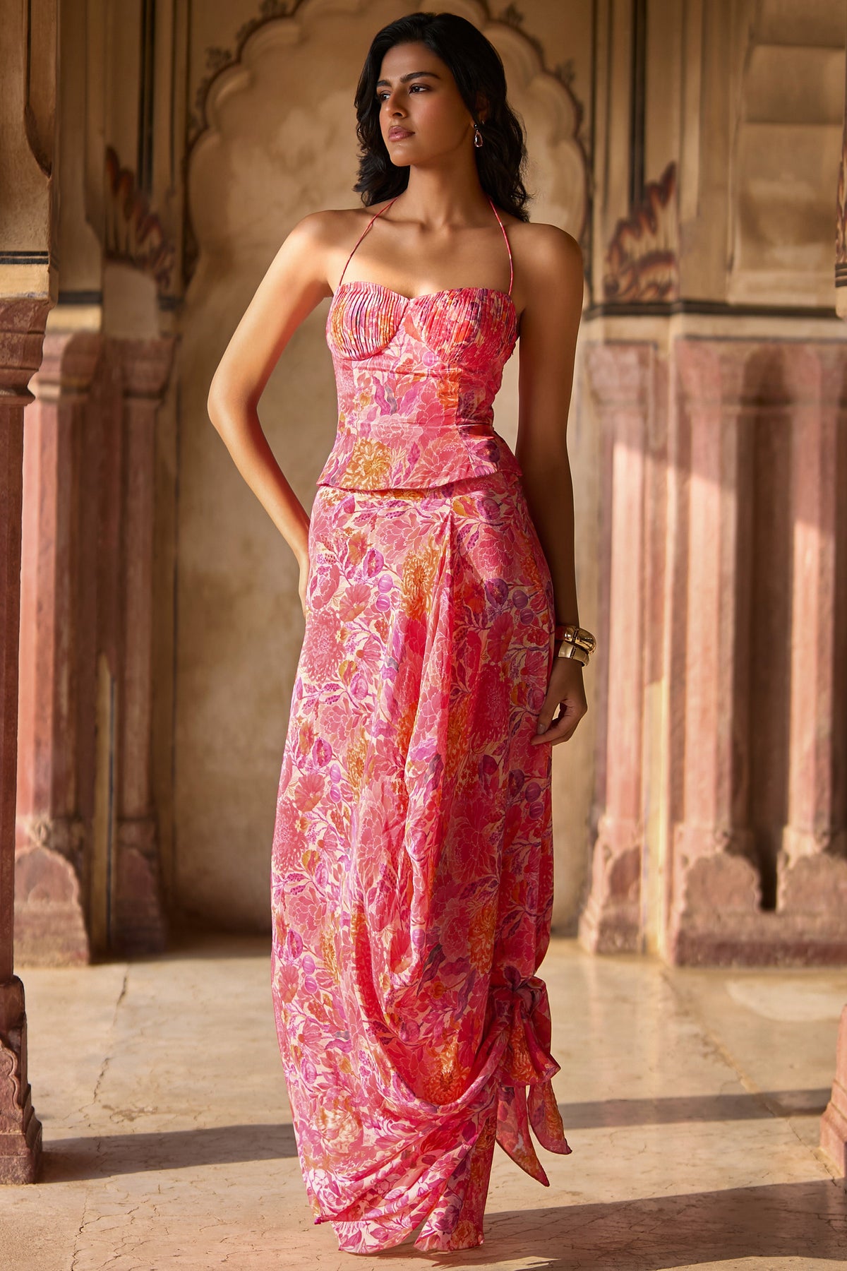 FLORAL PRINTED PLEATED CORSET & DRAPED SKIRT