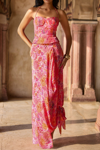 FLORAL PRINTED PLEATED CORSET & DRAPED SKIRT