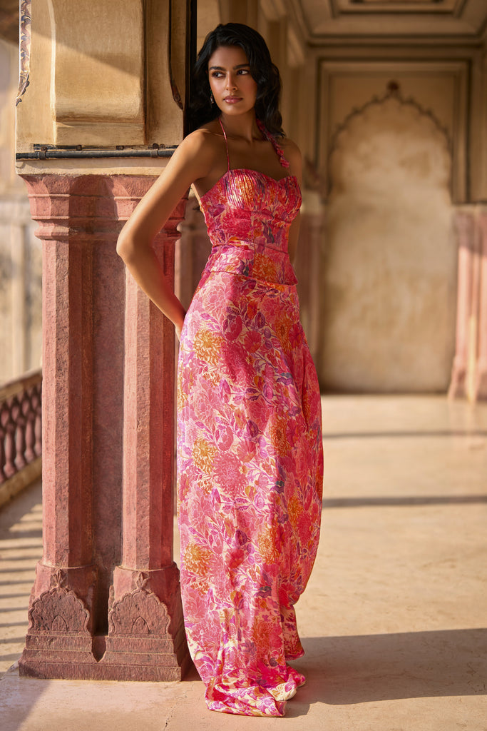 FLORAL PRINTED PLEATED CORSET & DRAPED SKIRT dash and dot