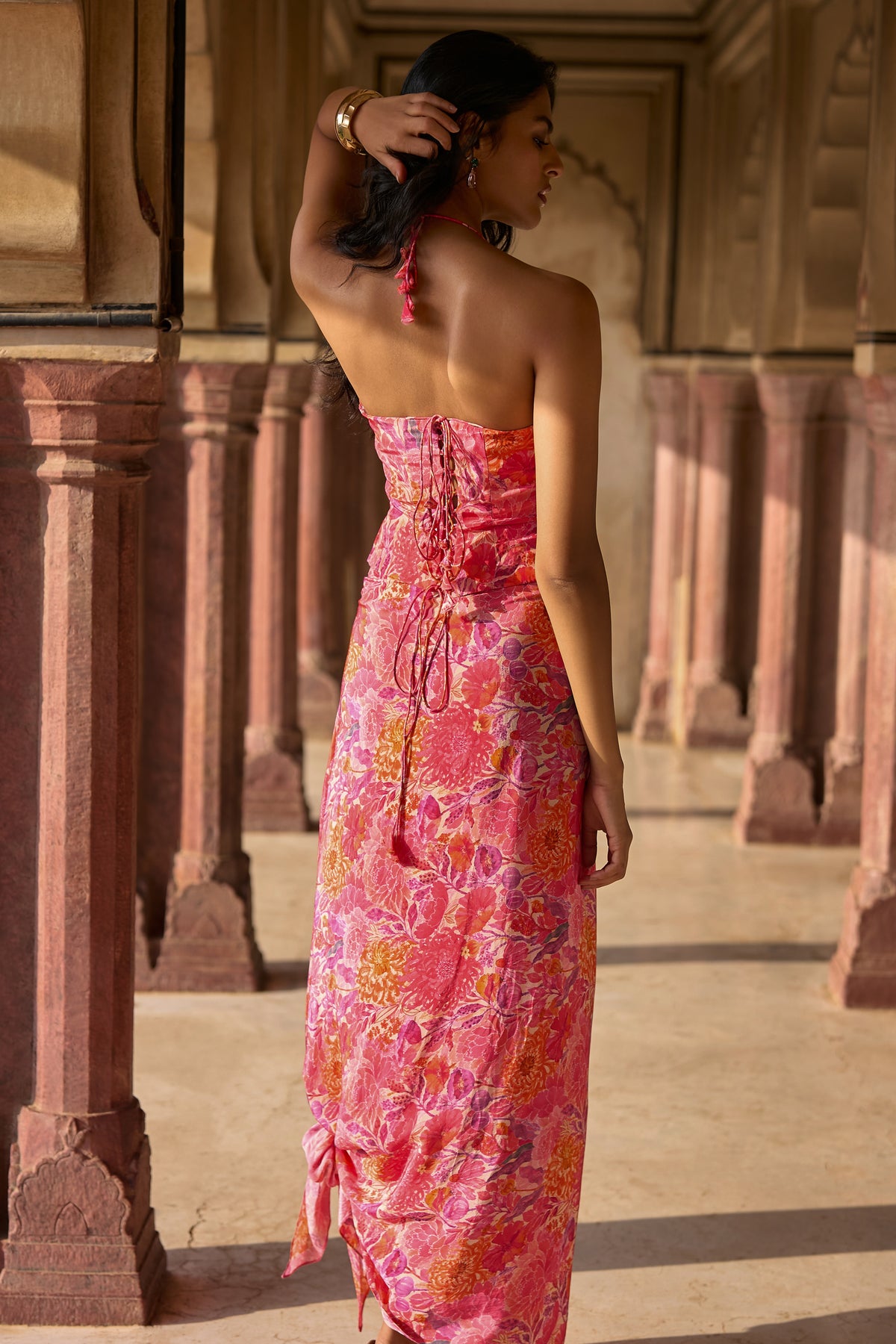 FLORAL PRINTED PLEATED CORSET & DRAPED SKIRT