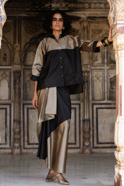 BENARES TISSUE COLOUR BLOCKED SHIRT & DRAPED SKIRT SET