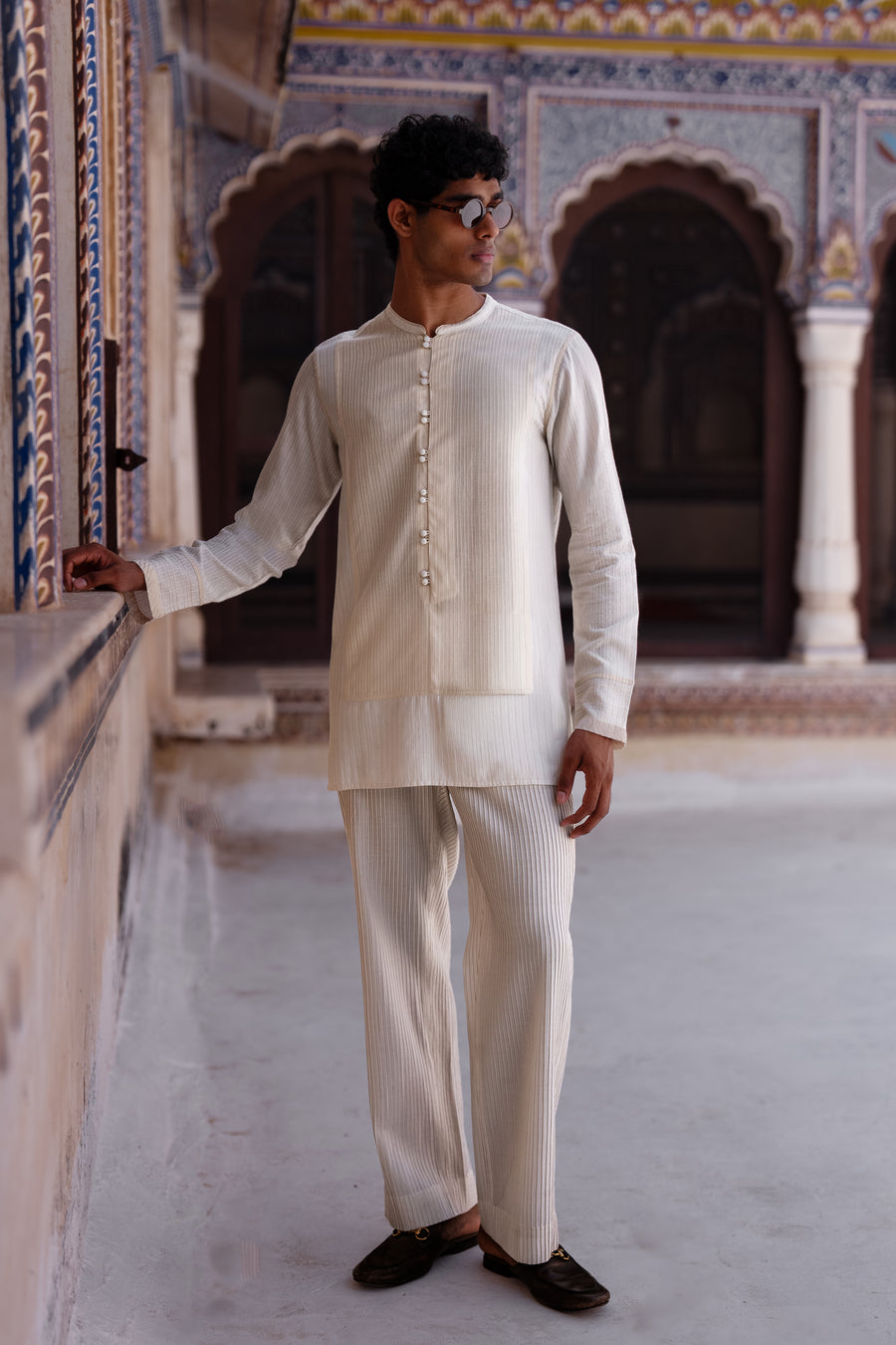 EMBROIDERED STRIPE SHIRT & STRAIGHT CUT PANT SET