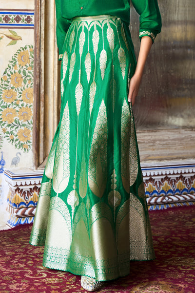 EMBROIDERED MOTIF TEXTURED SHIRT & BENARES BROCADE FLARED MAXI SKIRT