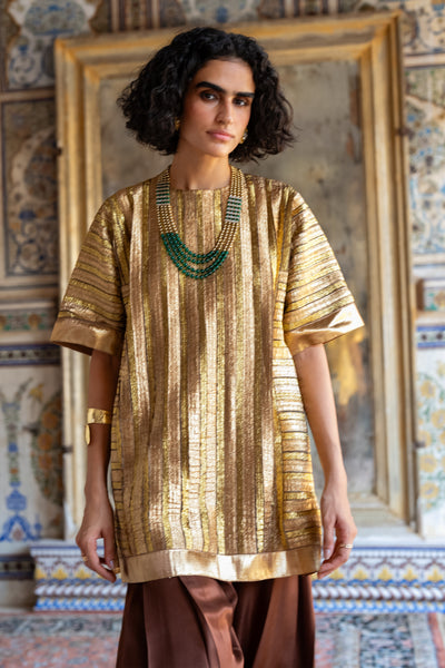 STRIPED GOTA EMBROIDERED BOXY TOP & PANT SET