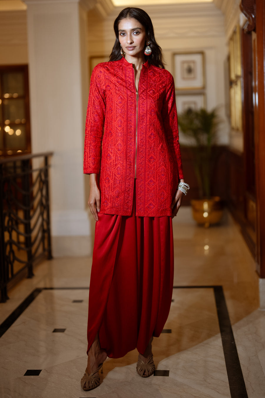 EMBROIDERED ZIP FRONT JACKET & PLEATED DHOTI PANT