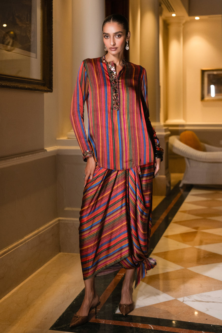 MIRROR EMBROIDERED MULTICOLOUR SHIRT & DRAPE SKIRT SET