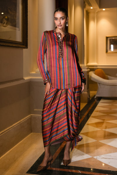 MIRROR EMBROIDERED MULTICOLOUR SHIRT & DRAPE SKIRT SET