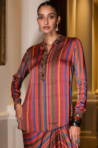 MIRROR EMBROIDERED MULTICOLOUR SHIRT & DRAPE SKIRT SET