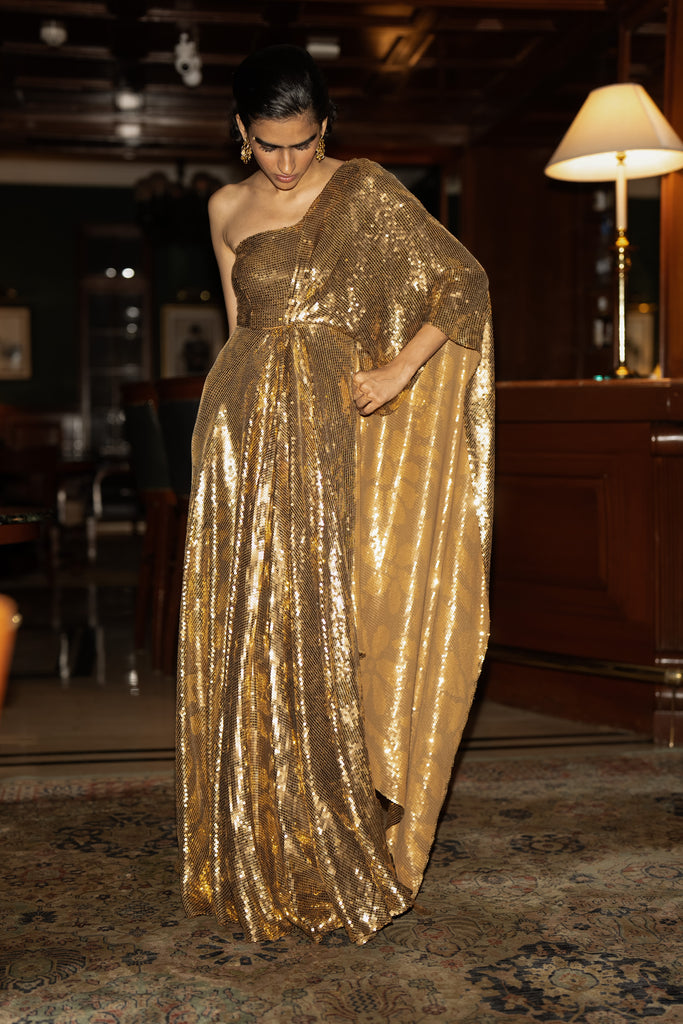SEQUIN EMBROIDERED SARI DRAPE GOWN dash and dot