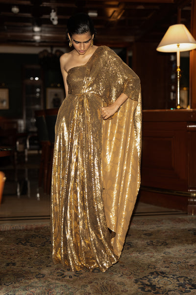 SEQUIN EMBROIDERED SARI DRAPE GOWN
