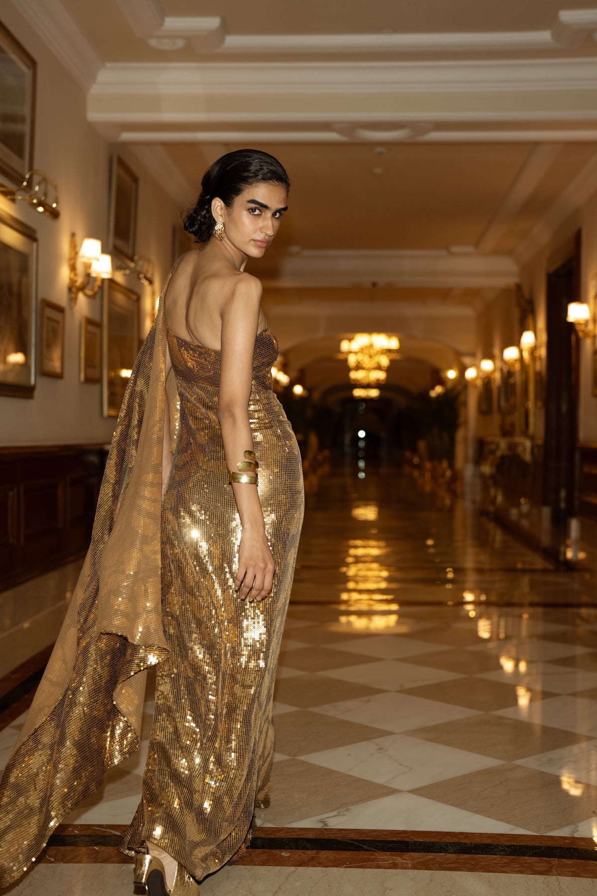 SEQUIN EMBROIDERED SARI DRAPE GOWN