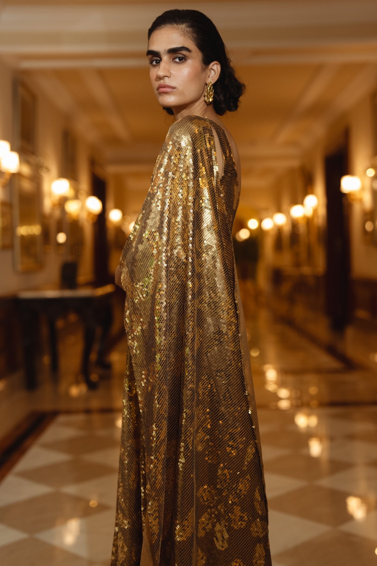 SEQUIN EMBROIDERED SARI DRAPE GOWN