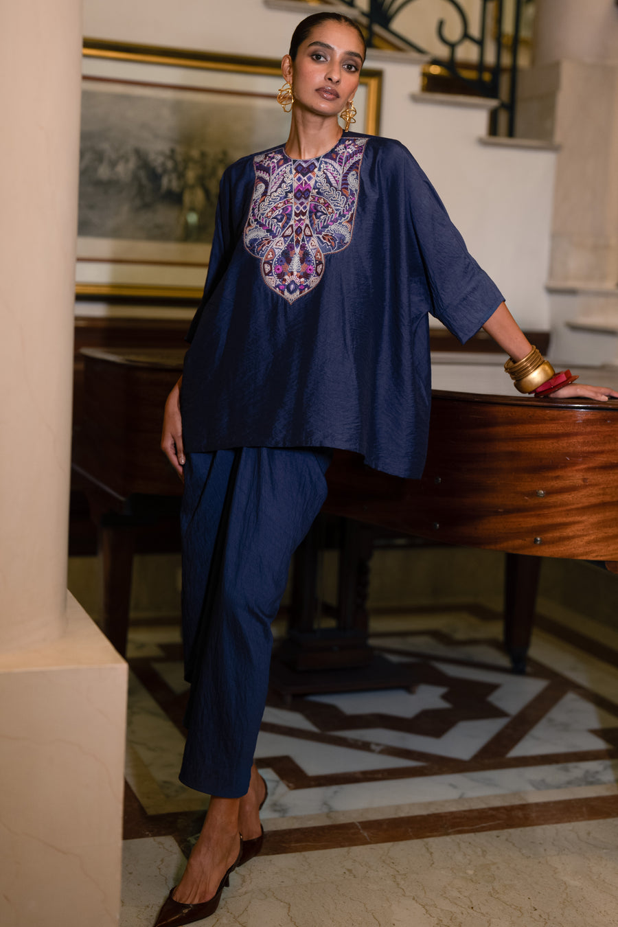 EMBROIDERED TEXTURED BOXY TOP & DRAPE SKIRT