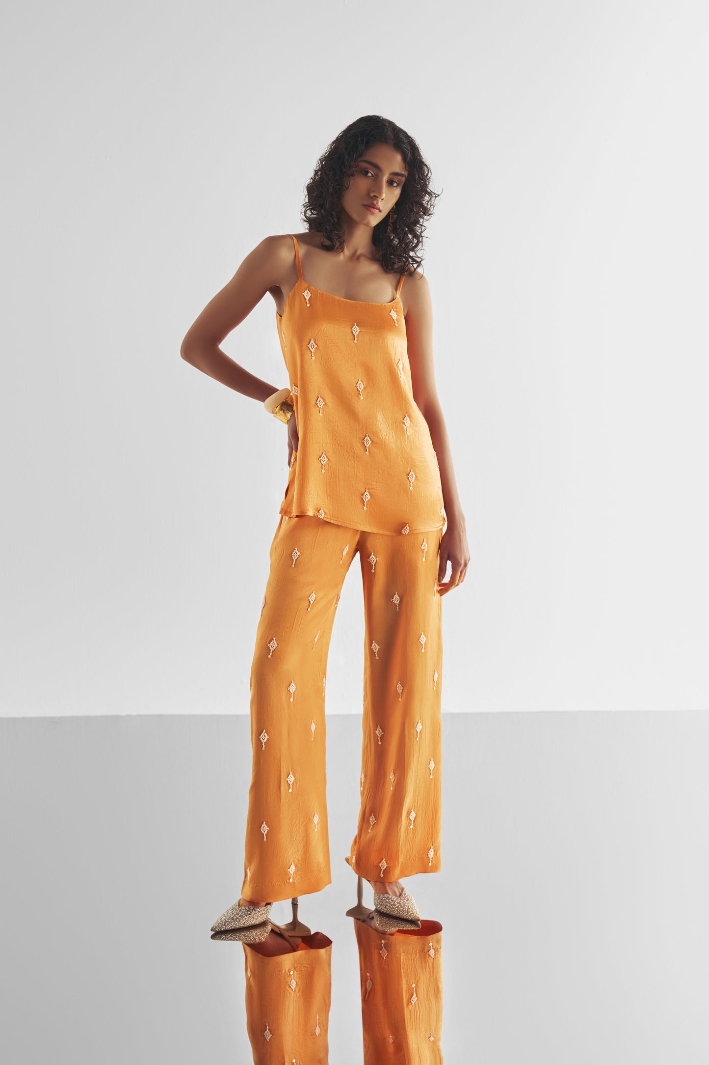 BEAD EMBROIDERED SATIN PANT SET