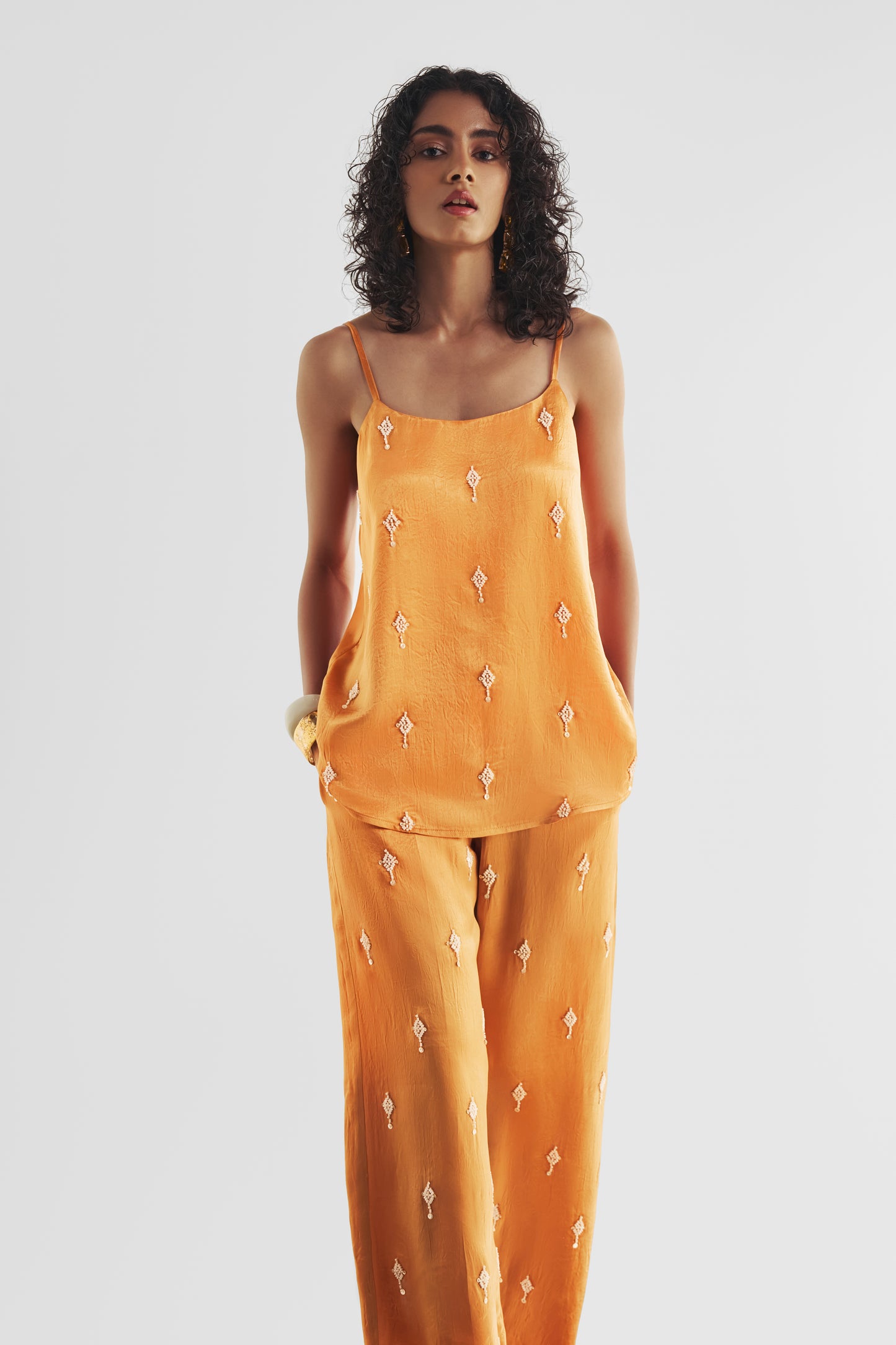 BEAD EMBROIDERED SATIN PANT SET