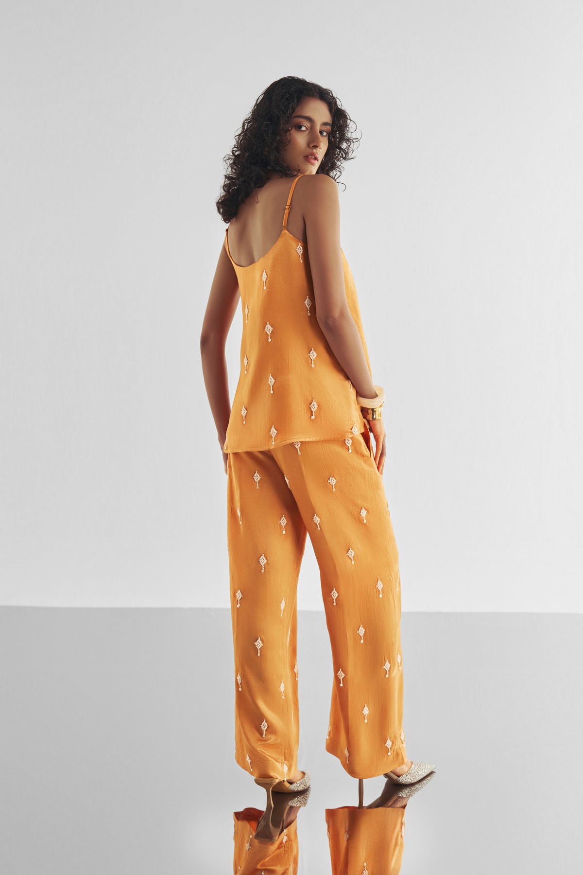 BEAD EMBROIDERED SATIN PANT SET