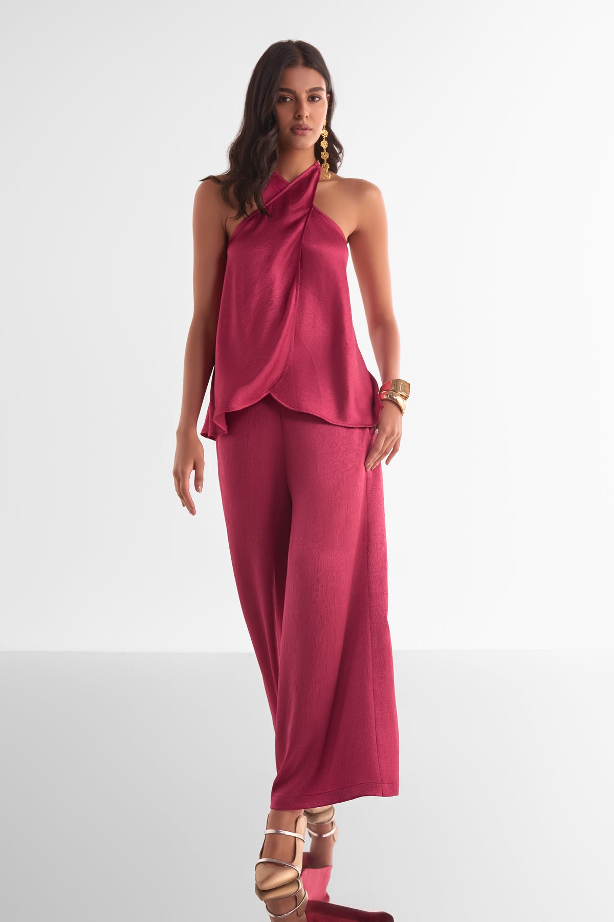 FRONT OVERLAP TOP & WIDE-LEGGED PANT SET