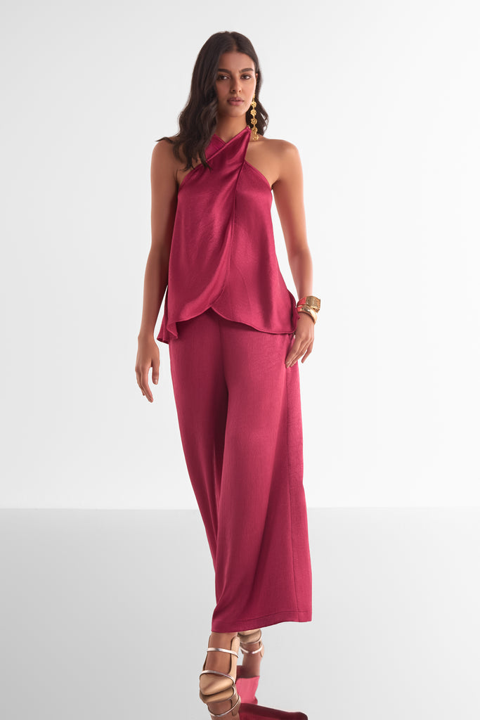 FRONT OVERLAP TOP & WIDE-LEGGED PANT SET dash and dot