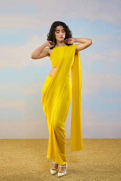 TEXTURED SLEEVELESS BLOUSE & SARI DRAPE SKIRT
