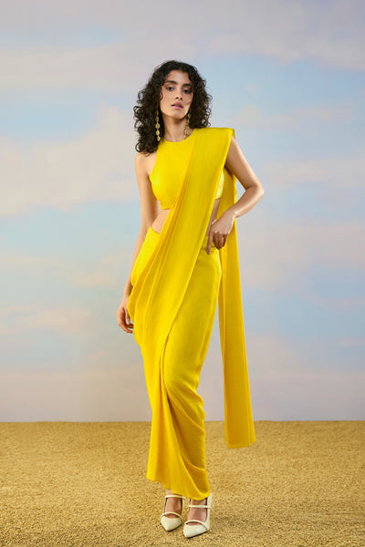 TEXTURED SLEEVELESS BLOUSE & SARI DRAPE SKIRT